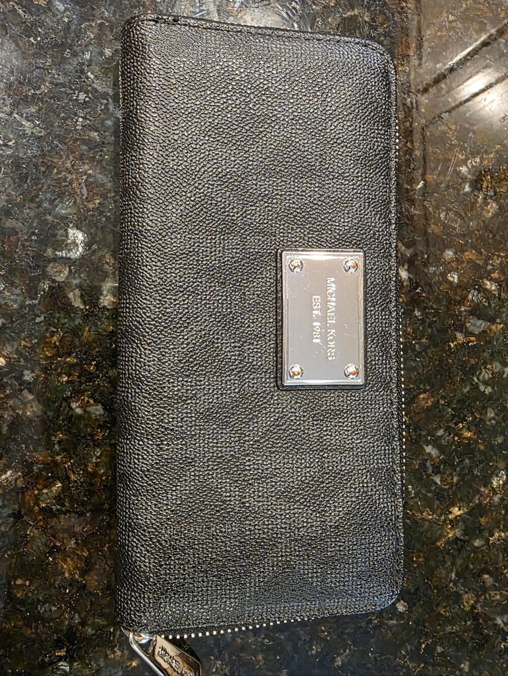 Michael Kors Black Pebbled Leather Zip Wallet with Silver Plate
